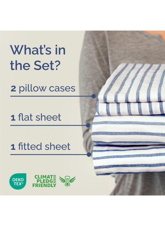 CGK Unlimited - King Size 4 Piece Sheet Set - Comfy Breathable & Cooling Sheets - Hotel Luxury Bed Sheets for Women & Men - Deep Pockets, Easy-Fit, Soft & Wrinkle Free Sheets - Blue Stripes Oeko-Tex Bed Sheet Set - Image 1
