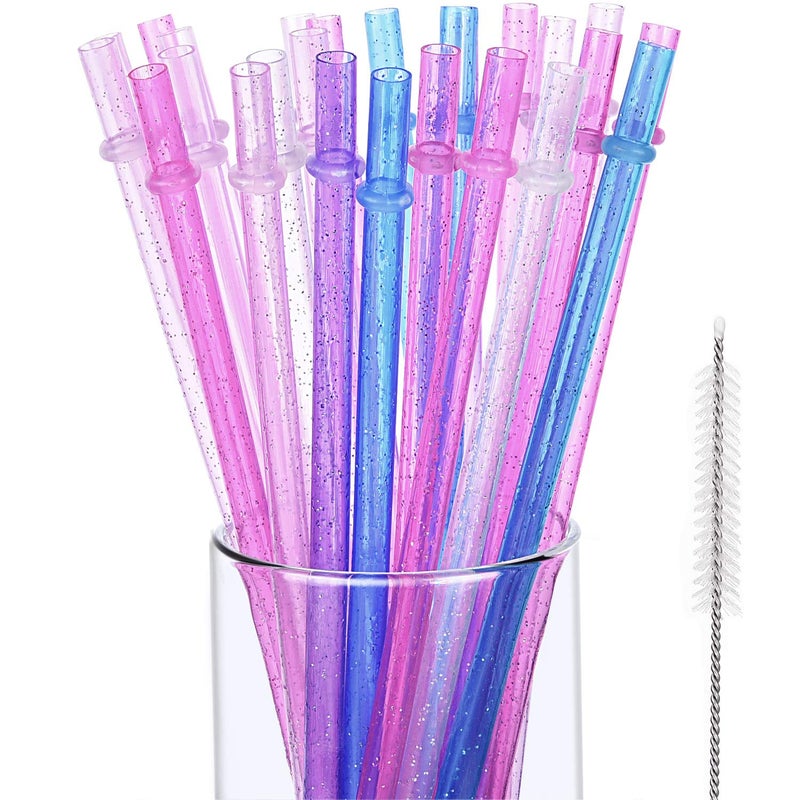 Hestya 25 Pcs Glitter Reusable Plastic Straws 9 Inches Long Hard Plastic Straws with Brush 6 Colors Translucent Replacement Drinking for 16oz-30 oz Tumblers - Image 1