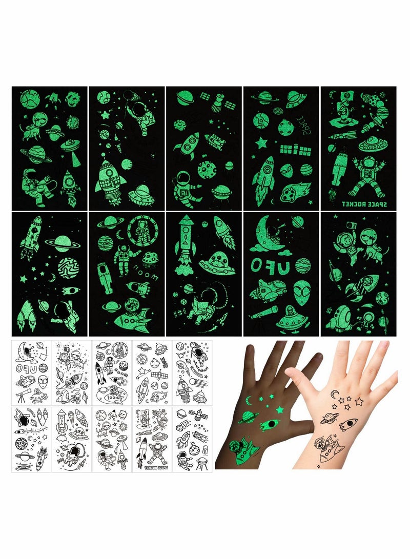 SYOSI 10 Sheets Temporary Tattoos for Kids Luminous Tattoo Sticker Glow in The Dark Outer Space UFO Theme Fake Waterproof Tattoos for Boys Girls - Image 1
