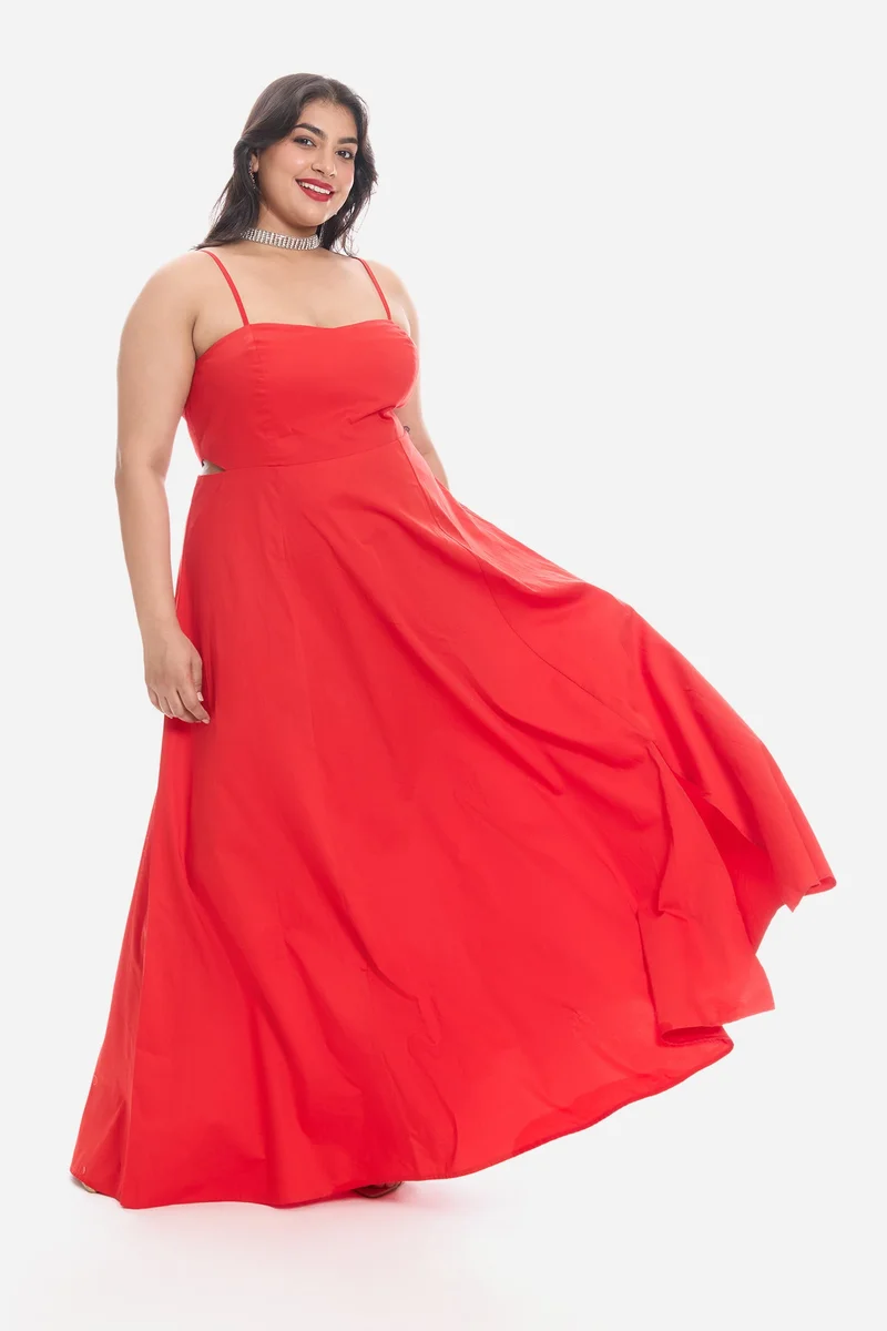 فيرجيو Solid Cotton Strappy Maxi Plus Size Dress With Cutout for Women
