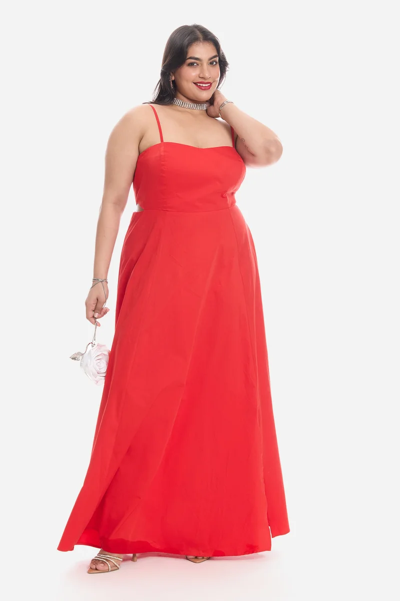 فيرجيو Solid Cotton Strappy Maxi Plus Size Dress With Cutout for Women