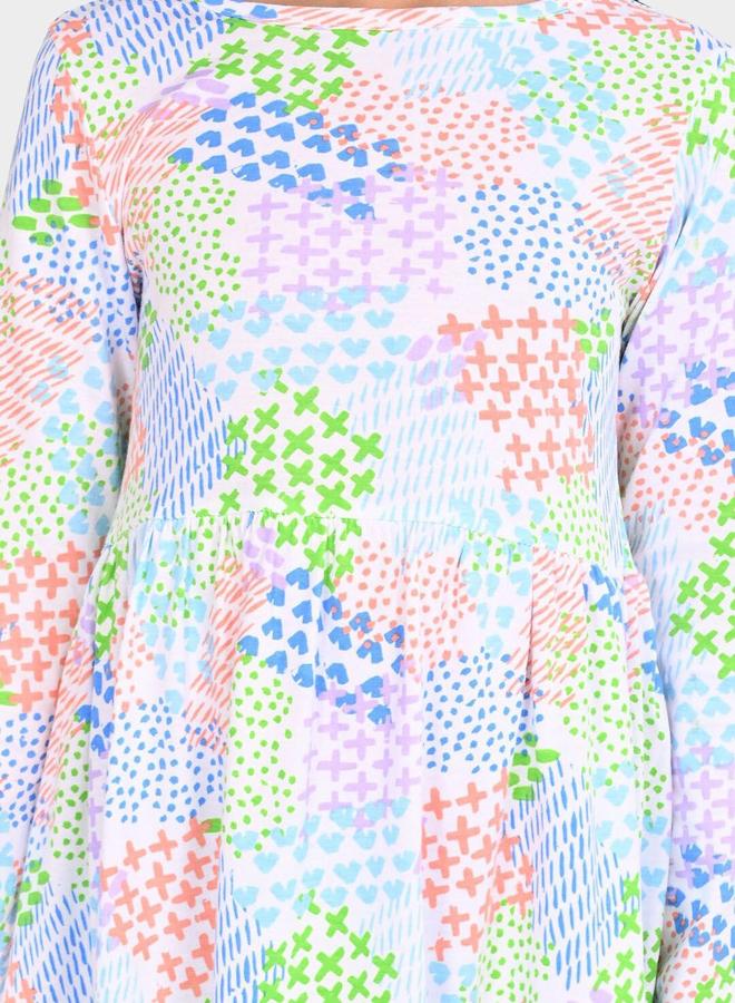 بونكيدز فستان قطن مطبوع أبيض وملون للبنات بمقاس عادي - Image 2