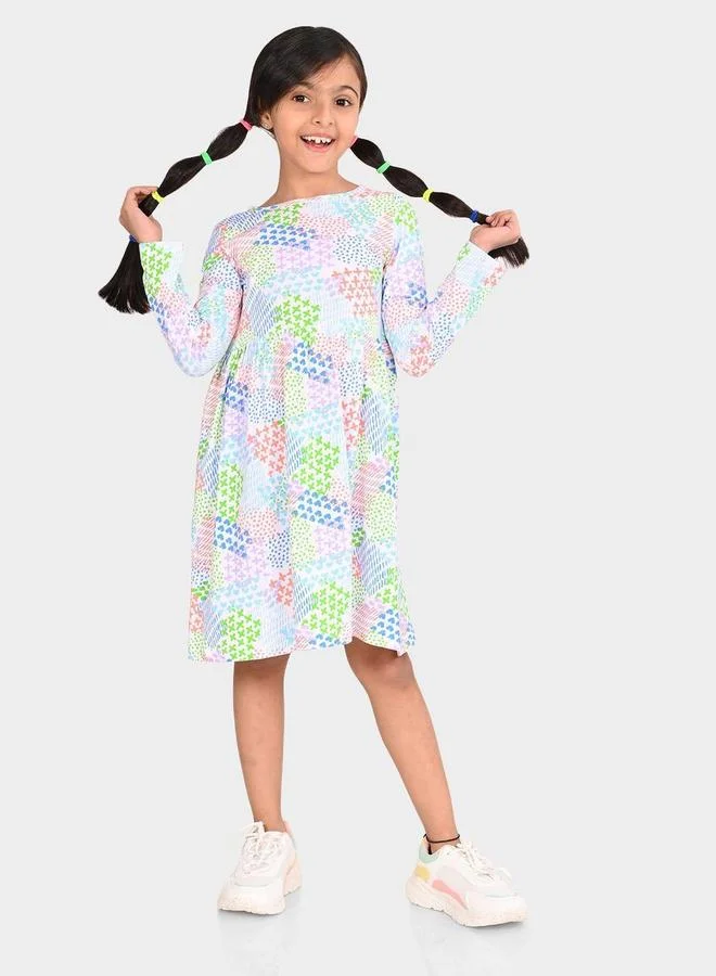 Bonkids Girl's White & Multicolour 100% Cotton Printed Regular Fit Dress
