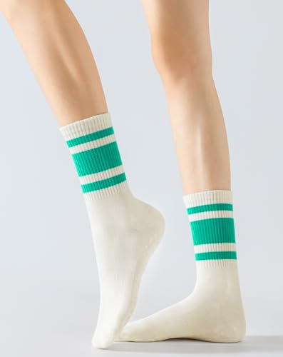 Yawlsow 3 Pairs Pilates Grip Socks for Women Yoga Grippy Striped Retro Crew Socks Non Slip Sticky Barre Sock with Grippers (US, Alpha, One Size, Regular, Regular, All Pink + Pink + All Green) - Image 3