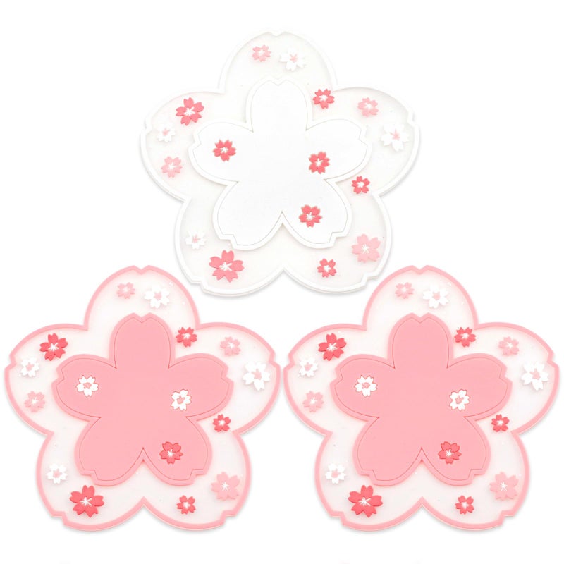 Tienyuu 2-Pack Sakura Cherry Blossom Coasters â€“ Cute Kawaii Pink & White Flower Cup Mats, Anti-Skid PVC Drink Coasters for Desk, Table, Tea Mug â€“ Aesthetic Home & Office Decor - Image 1