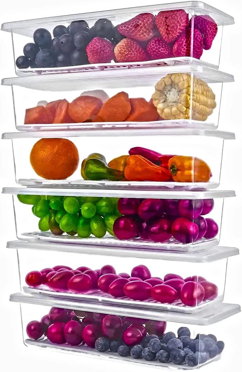 Xiran صناديق تخزين للثلاجة من Xiran 6، منظم ثلاجة مزود بلوح تصريف قابل للإزالة وغطاء، حاويات تخزين قابلة للتكديس، حاويات تخزين بلاستيكية للفريزر للأسماك واللحوم والخضروات والفواكه (سعة 1500 مل)، شفافة. - Image 1