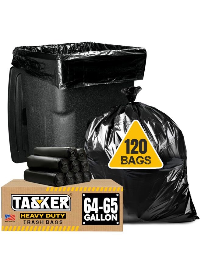 tasker 120 Pack 65 Gallon Trash Bags, Large Black Tall Plastic Trash Bags, 64-65 Gallon, Heavy Duty, Unscented - Image 1