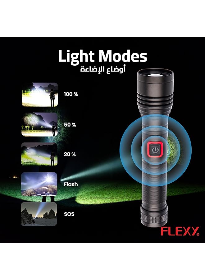 Flexy Rechargeable LED Flashlight Torch: 600m Range 20W Laser LED 500 600 Lumens 5000mAh Battery Aircraft Aluminum Build Type C Charging Lifetime LED 2 Year Warranty for Reliable Performance  - Image 4