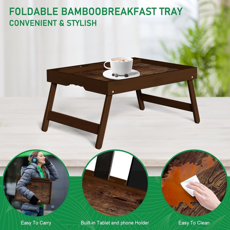 promitop Bamboo Breakfast Tray with Foldable Legs & Detachable Stand | Ergonomic Handle | Portable Bed Tray for Eating, Working, Laptop, Tablet, and Phone（Vintage Walnut） - Image 2