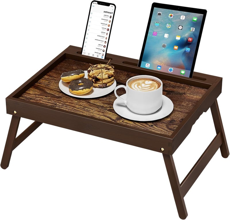 promitop Bamboo Breakfast Tray with Foldable Legs & Detachable Stand | Ergonomic Handle | Portable Bed Tray for Eating, Working, Laptop, Tablet, and Phone（Vintage Walnut） - Image 1