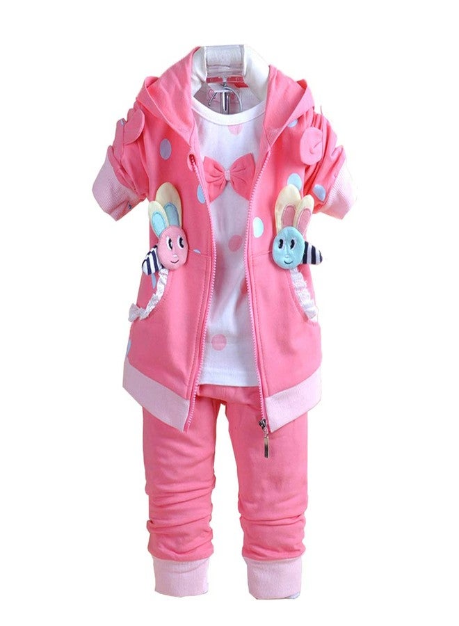 Yao 6M-4Y 3pcs Baby Girl Casual Hoodie Jacket Cotton T-Shirt Pants Sweater (Hot Pink,6-12M)