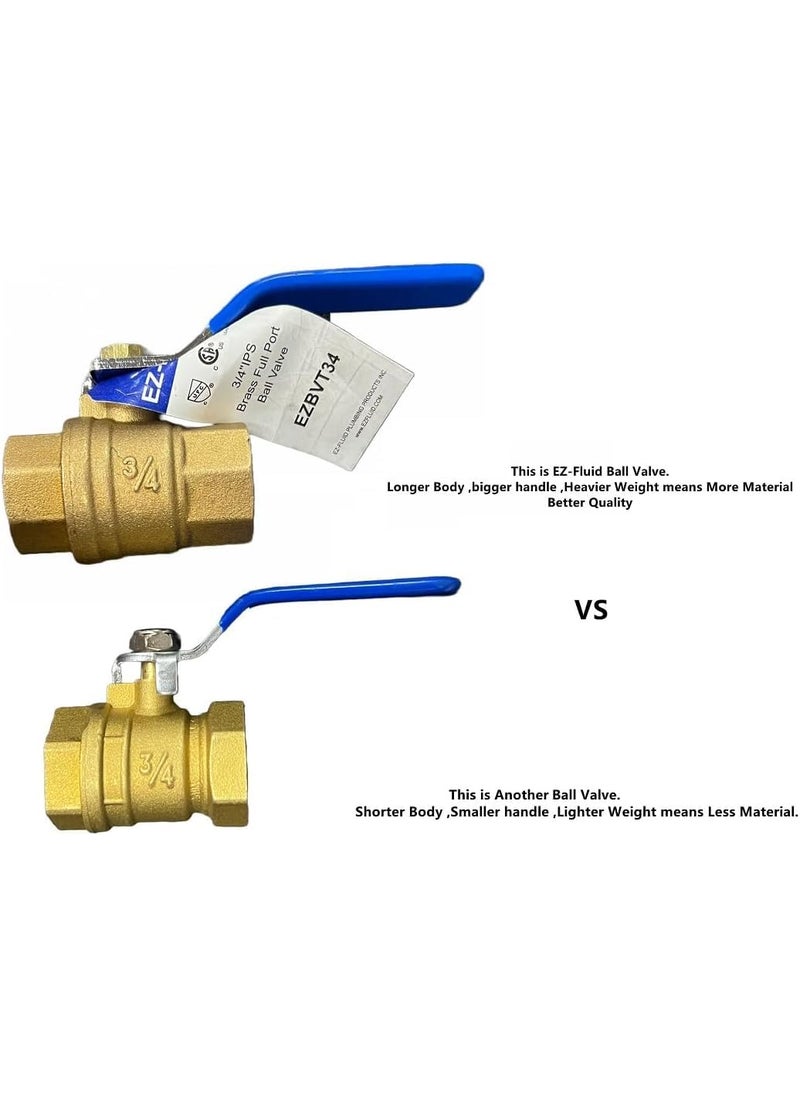 EZ-FLUID EZ-Fluid 1/2" Threaded Brass Ball Valve Full Port Female Water Stop Shut Off,Heavy Duty LF,Quarter Turn,Blue Handle (1-Pack)  - Image 2