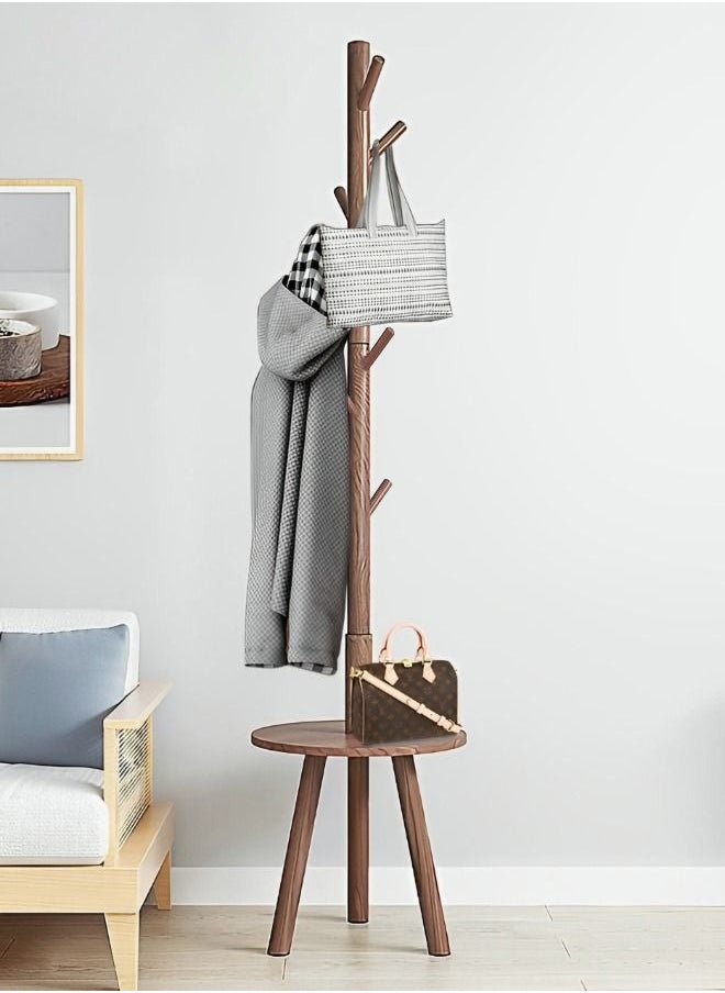 XiuWoo 8-Hook Coat Rack Wooden Coat Rack Freestanding with Storage Table Coat Tree for Clothes Bags Hats Hanger Stand Easy Installation for Entryway Living Room Bedroom Office Brown  - Image 1