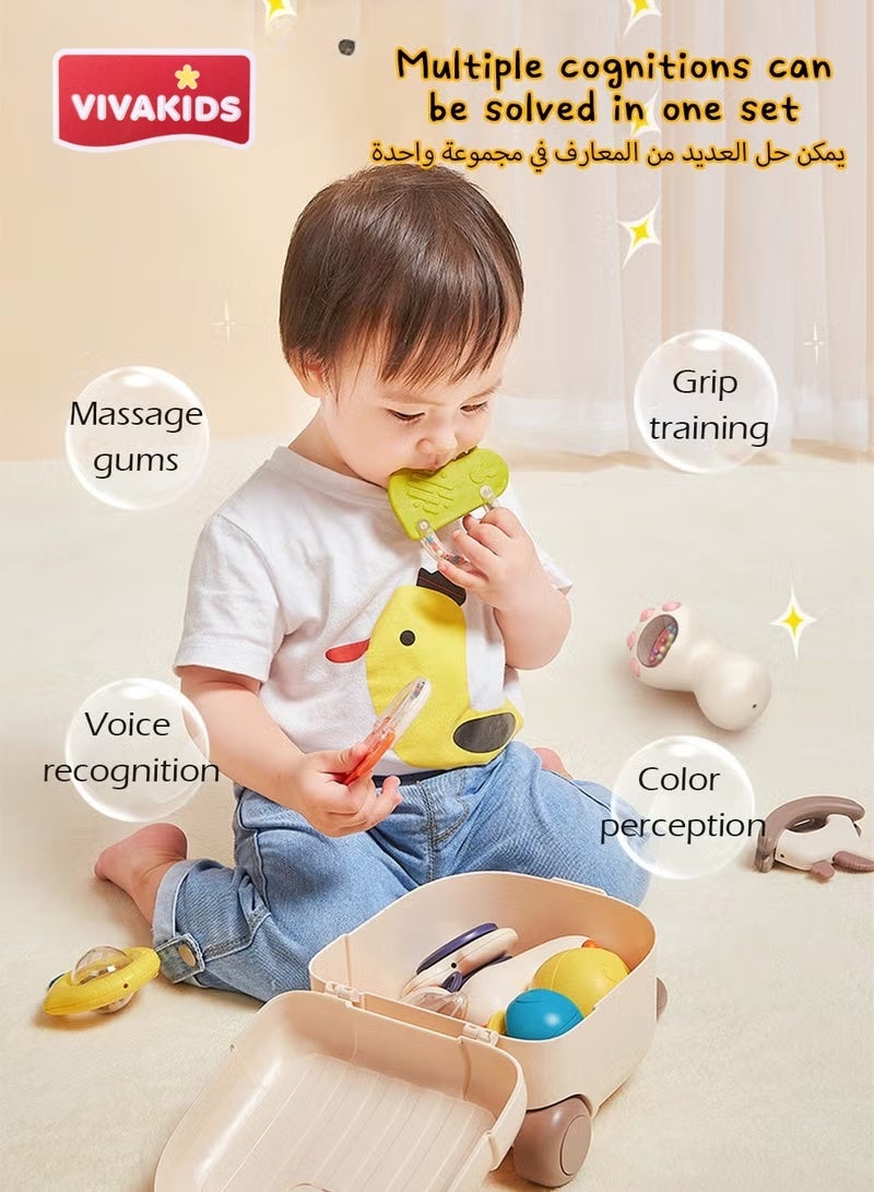 VIVAKIDS Baby Rattle & Teething Toy Set – 8 PCS BPA-Free Soft Silicone Infant Sensory Toys with Storage Box – Early Learning & Gum Relief for Newborns 0-12 Months - Image 2