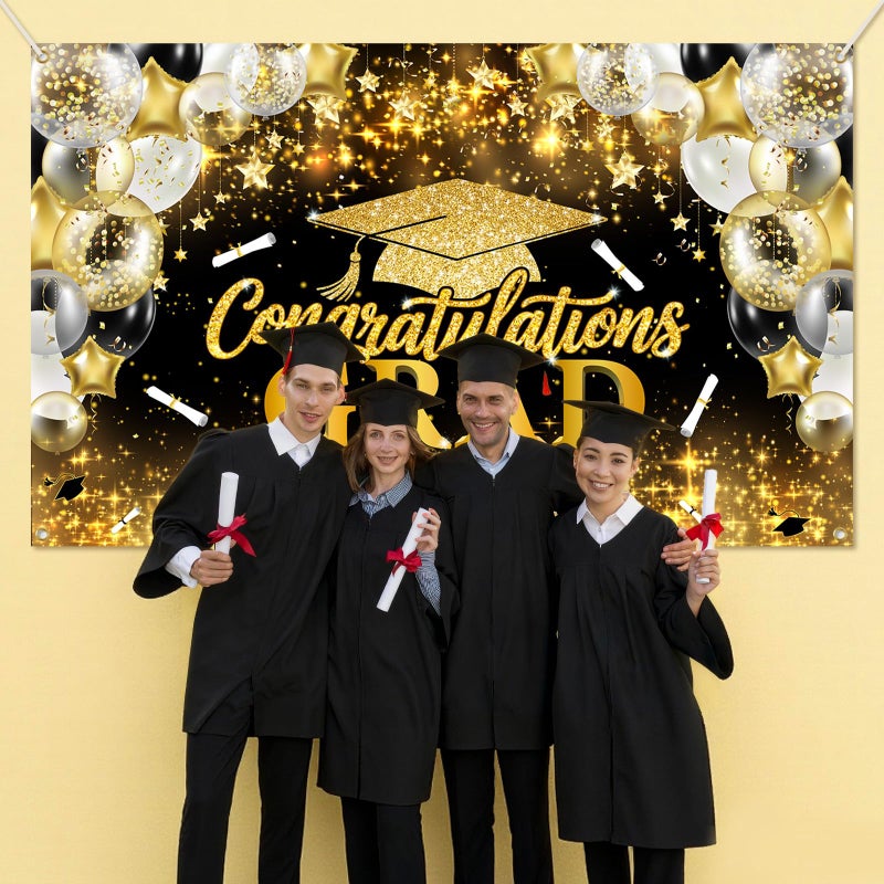 Cutechunfa Graduate 2026 Backdrop | Large Congrats Grad Banner - 72x44 Inch, Black and Gold Congrats Grad Banner fot Class of 2026 Graduation Decorations - Image 4