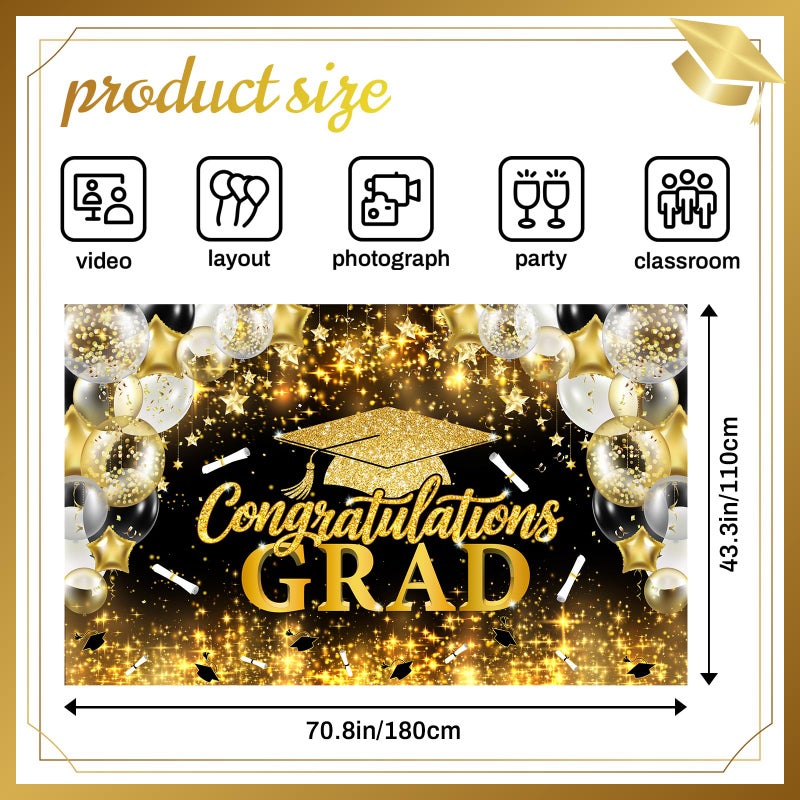 Cutechunfa Graduate 2026 Backdrop | Large Congrats Grad Banner - 72x44 Inch, Black and Gold Congrats Grad Banner fot Class of 2026 Graduation Decorations - Image 2
