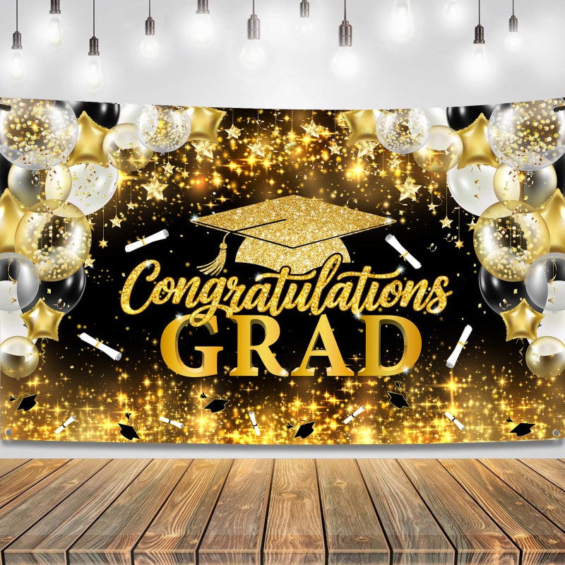 Cutechunfa Graduate 2026 Backdrop | Large Congrats Grad Banner - 72x44 Inch, Black and Gold Congrats Grad Banner fot Class of 2026 Graduation Decorations - Image 1