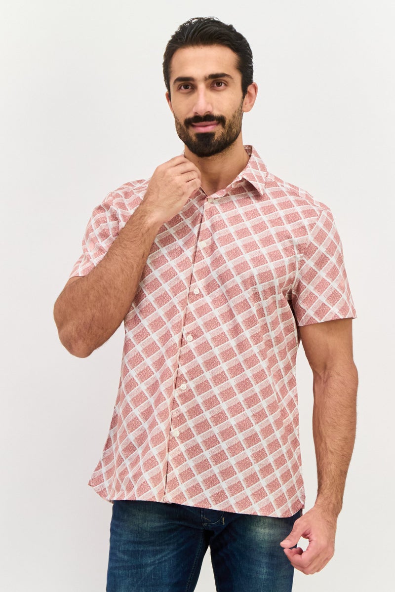 PERRY ELLIS Men Stretch Fit Abstract Print Short Sleeve Casual Shirt, Maroon - Image 1