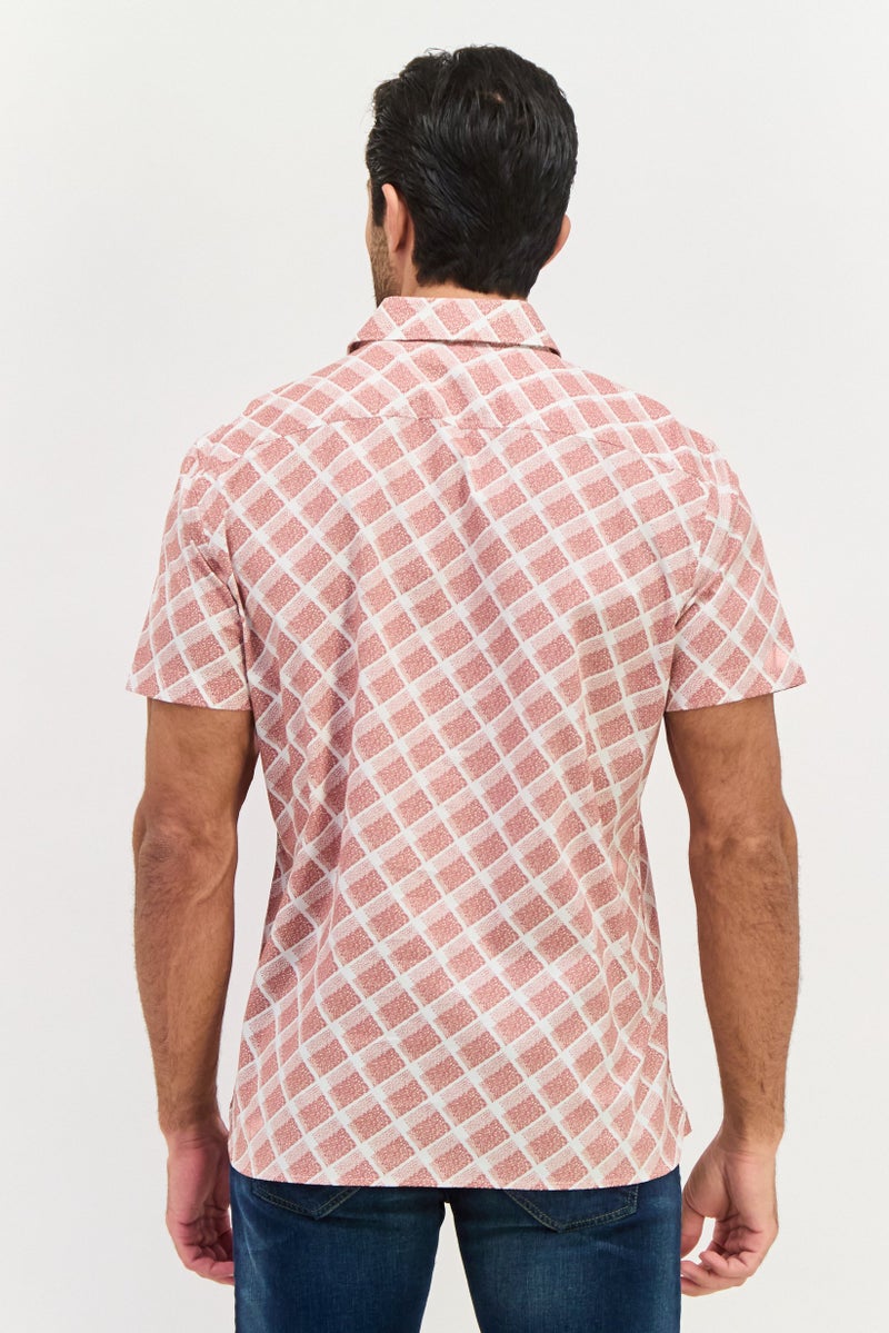 PERRY ELLIS Men Stretch Fit Abstract Print Short Sleeve Casual Shirt, Maroon - Image 3