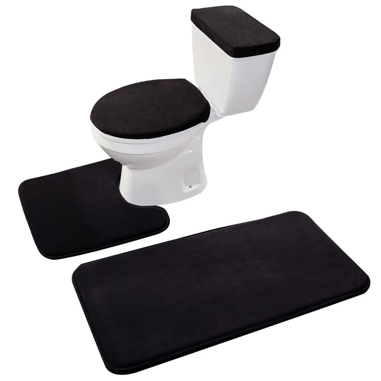Madeals Memory Foam Bathroom Toilet Rug Set 4 Piece with Toilet Lid Cover and Tank Covers Black - Image 1