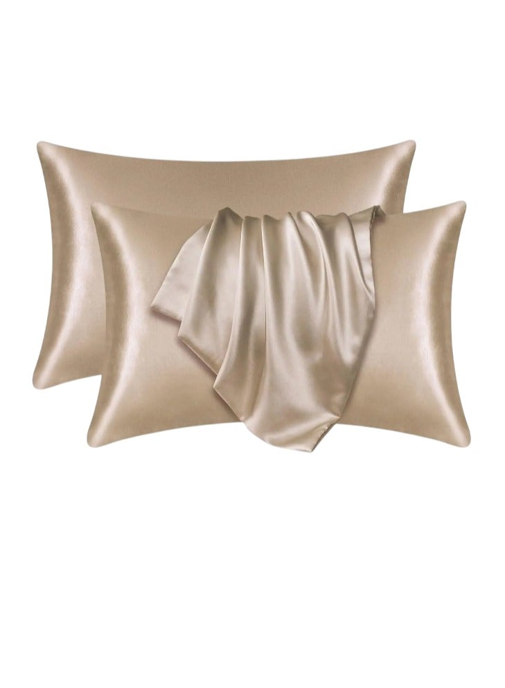 Silk Pillowcase, Comfortable Super Soft Pillow Cover, Elegant Design Fade Resistant Pillow Slip, Easy To Clean Washable Pillow Cases For For Hair And Skin, (2pcs, Beige)  - Image 1