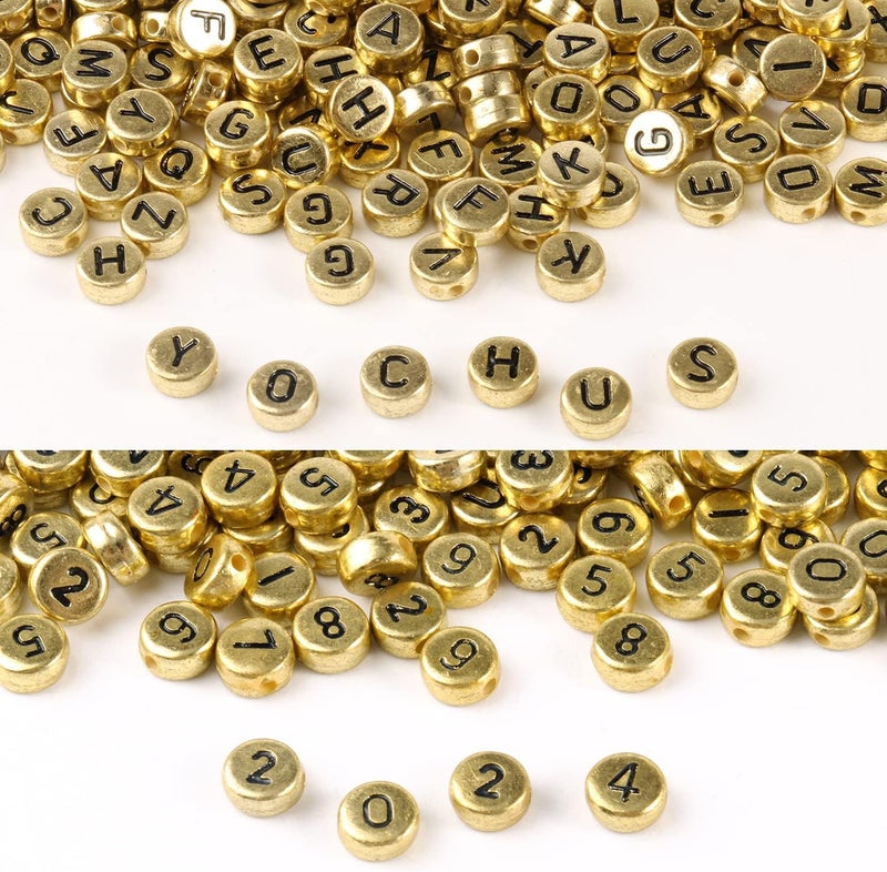 Yochus 1000Pcs Gold Mixed Round Acrylic Letter Beads 4X7Mm Black Alphabet Number Beads For Jewelry Making And Diy Bracelets - Image 1