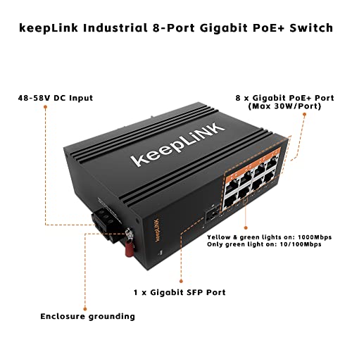 keepLiNK 8 Port Industrial PoE Switch Unmanaged, Gigabit PoE Switch with 8 PoE+ Ports @245w, 1 SFP Slot, DIN Rail Hardened Network Switch, IP40 - Image 2