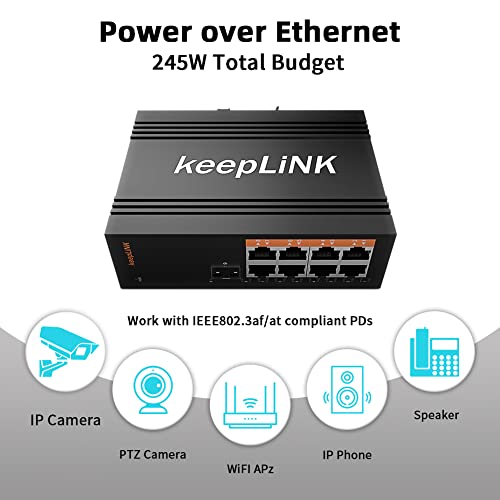 keepLiNK 8 Port Industrial PoE Switch Unmanaged, Gigabit PoE Switch with 8 PoE+ Ports @245w, 1 SFP Slot, DIN Rail Hardened Network Switch, IP40 - Image 3
