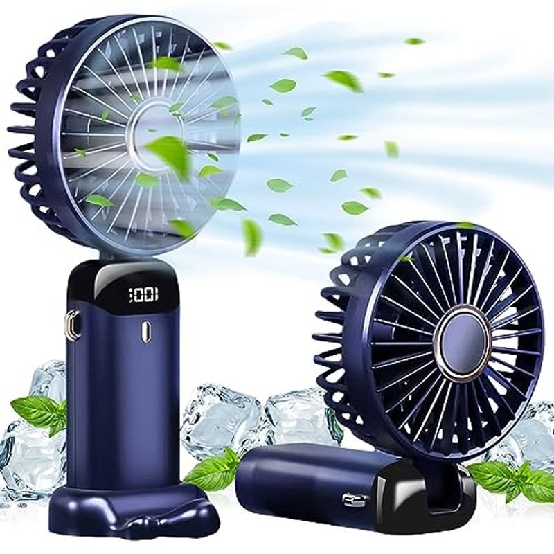 ALKAYAN Portable Mini Fan, USB Handheld Fan, Small Rechargeable Hand Fan, 5 Speed Adjustable Mini Fan with Base for Home, Camping, Office, Sport, Travel (Blue) - Image 1
