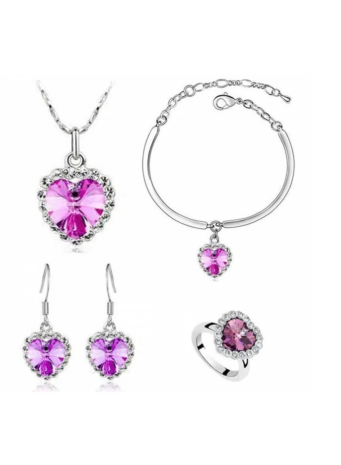 4 Heart Austrian Crystal Necklace Earring Bracelet And Ring Rose Heart In Ocean Jewelry Set
