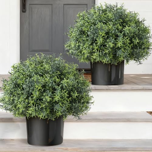 YXZZWL 2 Sets Artificial Rosemary Topiary Ball Trees for Front Door - UV Resistant Faux Outdoor Rosemary Bushes, Fake Spring/Summer Greenery Potted Plants for Farmhouse Garden Porch Outside Decor - Image 1