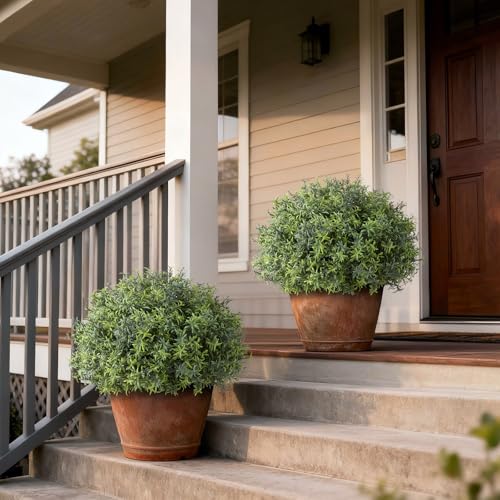 YXZZWL 2 Sets Artificial Rosemary Topiary Ball Trees for Front Door - UV Resistant Faux Outdoor Rosemary Bushes, Fake Spring/Summer Greenery Potted Plants for Farmhouse Garden Porch Outside Decor - Image 2