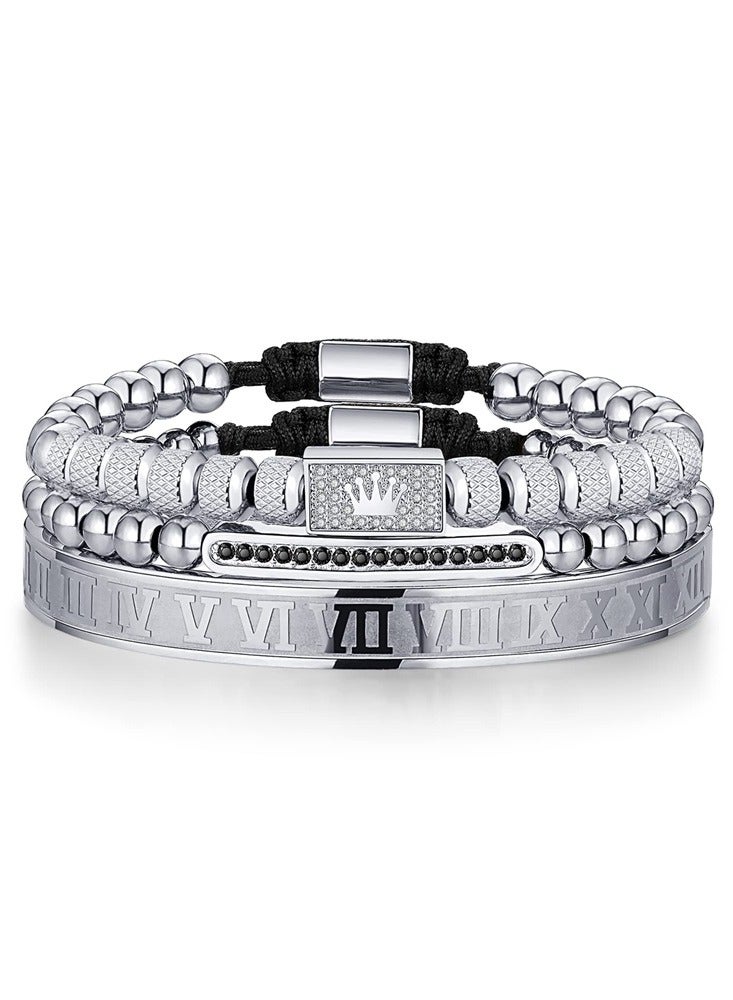 Luxury 3Pcs Royal Crown Stainless Steel Bracelet Set with Roman Numerals Jewelry Gifts Silver - Image 1