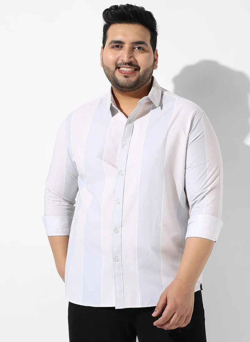 Instafab Plus Men's Ivory White & Icy Blue Candy Striped Shirt For Casual Wear | Spread Collar | Long Sleeve | Button Closure | Shirt Crafted With Comfort Fit For Everyday Wear