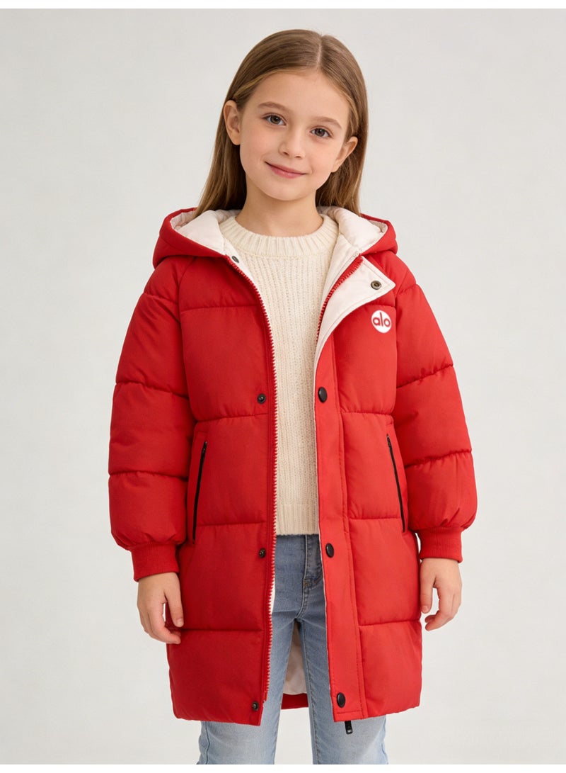 ألو Alo Girls' Bright Red Mid-Length Puffer Coat with Contrast White Lined Hood & 'alo' Logo - Image 5