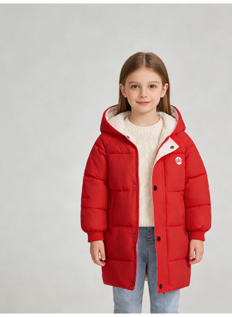ألو Alo Girls' Bright Red Mid-Length Puffer Coat with Contrast White Lined Hood & 'alo' Logo - Image 1