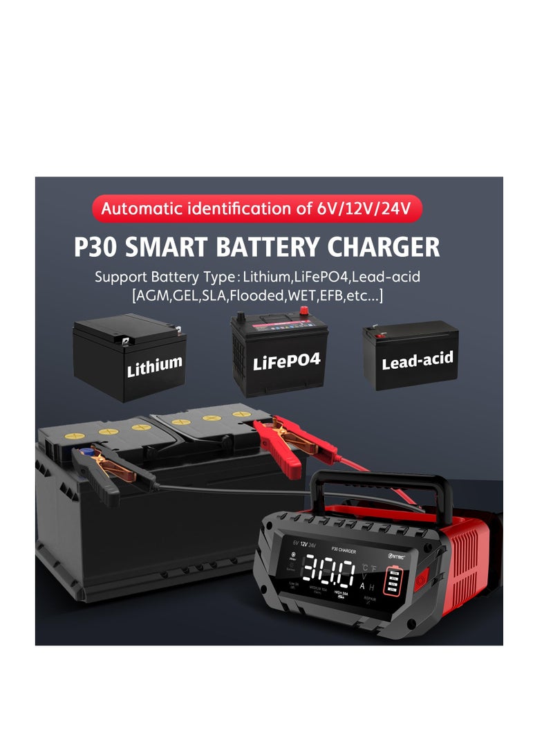 Car Battery Charger, 6V/12V/24V, Smart Automatic Automotive Charger, Portable Battery Maintainer, Trickle Charger, for Car, Motorcycle, Boat, Lead-Acid, Lithium, LiFePo4 Battery - Image 2