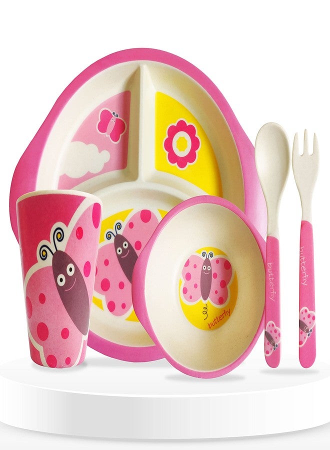 Bembika Baby Self Feeding Essential Baby Dinnerware Bamboo Fibre Dinner Set for Kids Bamboo Utensils for Kids and Toddlers � (Pack of 5)(Pink) - Image 1