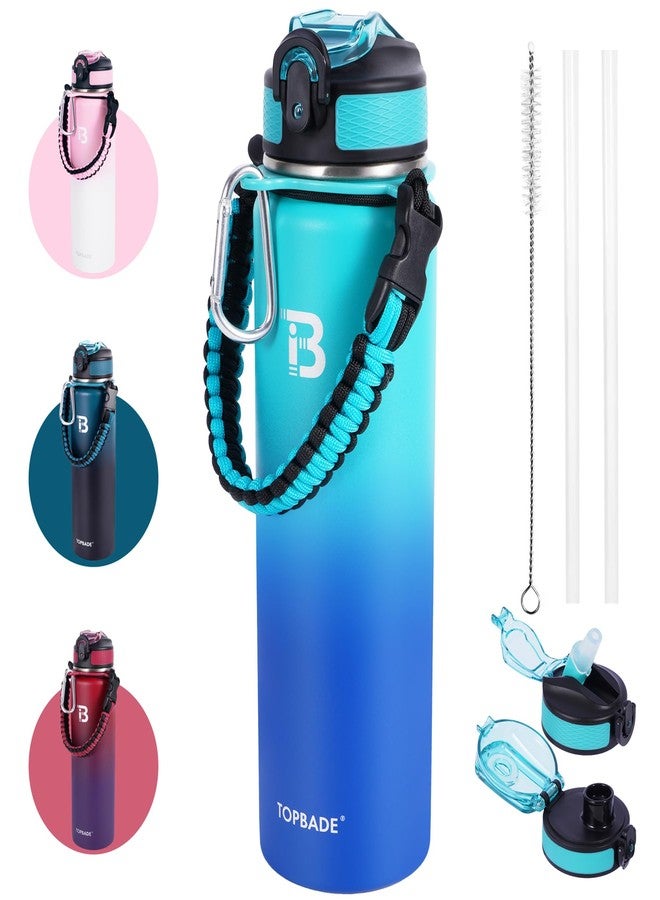 TOPBADE Insulated Sports Water Bottle 2 Lids(with Straw/No Straw), 24oz Stainless Steel Water Bottle with Paracord Handle, Sports Metal Water Canteen for outdoor and school - Image 1
