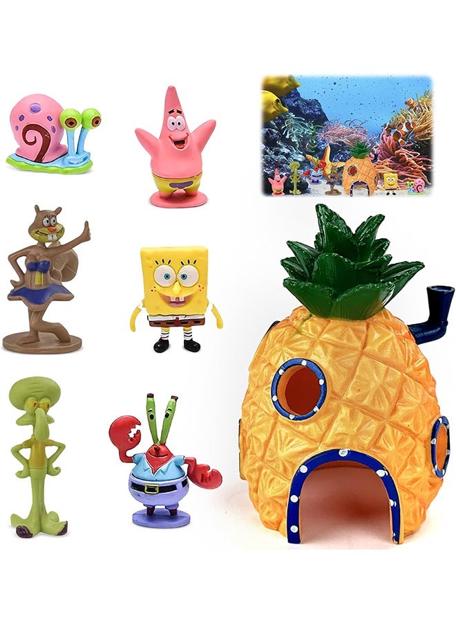 Beauenty 7 Pieces Spongebob Aquarium Decoration Set, Pineapple Shape Aqua Ornament, Aquarium Decor Landscape, Pineapple House Fish Tank Ornament, Spongebob Fish Tank Decoration for Underwater - Image 1