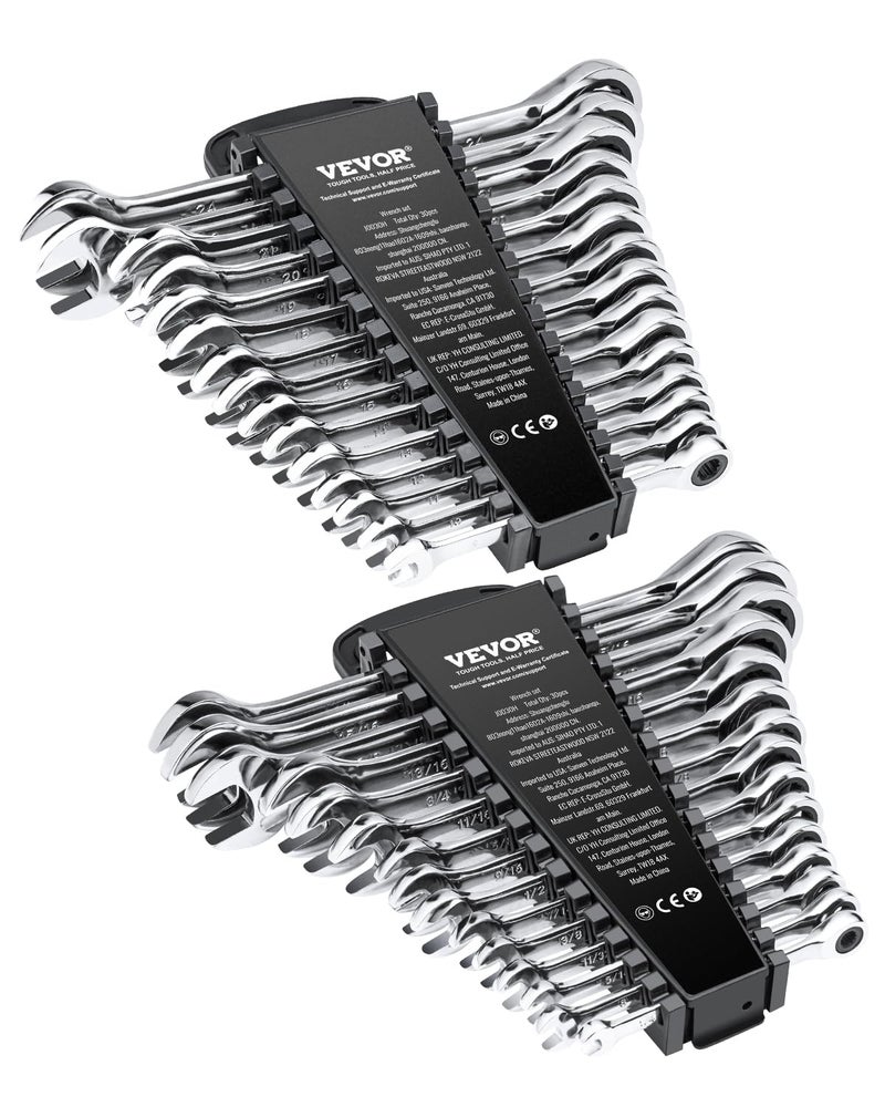VEVOR Combination Wrench Set, 30-Piece Ratcheting Wrench Set with Organizer Rack, Cr-V Steel Wrench Set SAE 1/4" to 1", Metric 8 mm to 24 mm, Ideal for General Household, Garage, Workshop, Emergency - Image 1