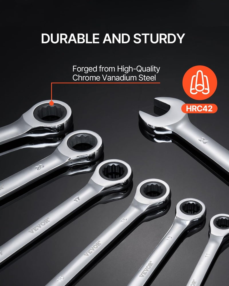 VEVOR Combination Wrench Set, 30-Piece Ratcheting Wrench Set with Organizer Rack, Cr-V Steel Wrench Set SAE 1/4" to 1", Metric 8 mm to 24 mm, Ideal for General Household, Garage, Workshop, Emergency - Image 4