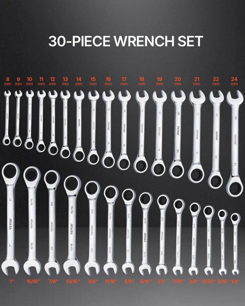 VEVOR Combination Wrench Set, 30-Piece Ratcheting Wrench Set with Organizer Rack, Cr-V Steel Wrench Set SAE 1/4" to 1", Metric 8 mm to 24 mm, Ideal for General Household, Garage, Workshop, Emergency - Image 2