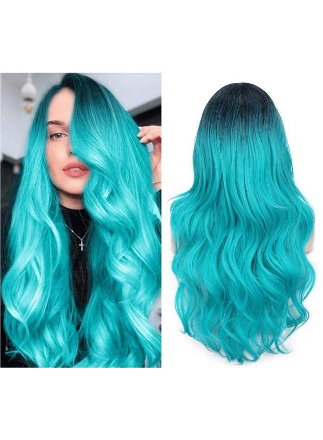 FAVE Ombre Bluish Green Wig Long Wavy Side Part Wig Heat Resistant Synthetic Hair Teal Blue Wig Mermaid Wigs for Women (Ombre Bluish Green) - Image 1