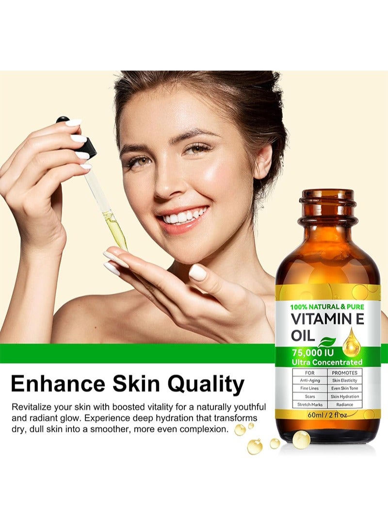 SKIN EVER Organic Vitamin E Oil，100% Pure & Natural Vitamin E Oil Blend 75,000 IU，Vitamin E Oil for Skin Face and Scars, Body Bath Oil Moisturizing Dry Skin and Winkles for Healthy Radiant Skin（60ml） - Image 5
