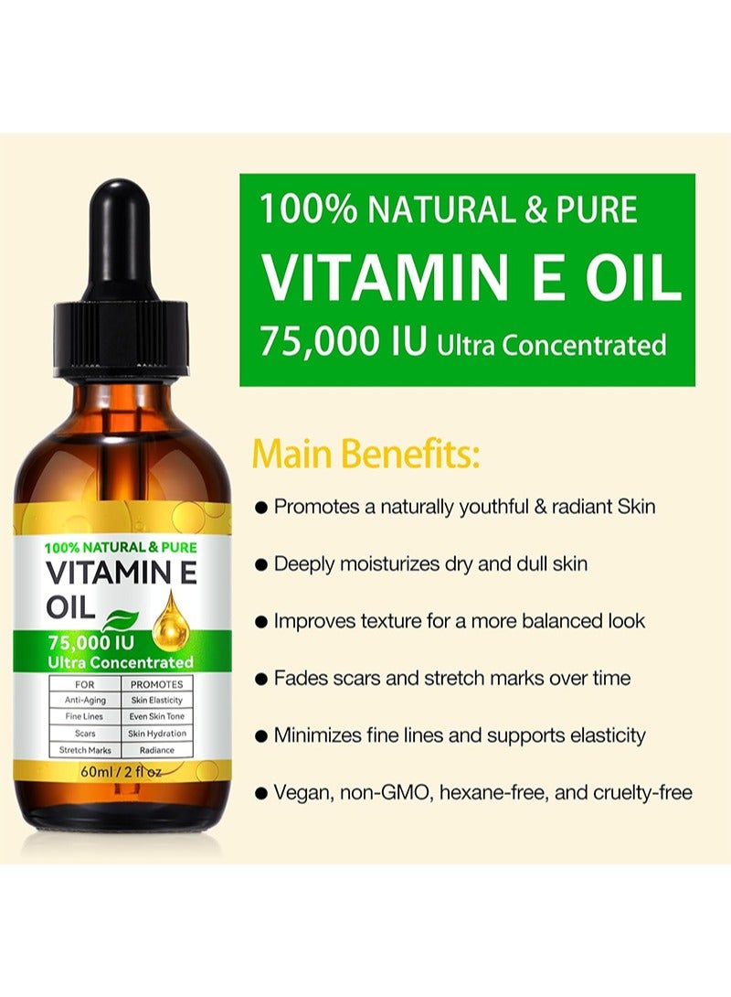 SKIN EVER Organic Vitamin E Oil，100% Pure & Natural Vitamin E Oil Blend 75,000 IU，Vitamin E Oil for Skin Face and Scars, Body Bath Oil Moisturizing Dry Skin and Winkles for Healthy Radiant Skin（60ml） - Image 2