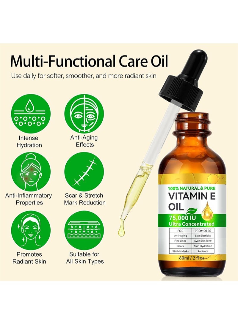 SKIN EVER Organic Vitamin E Oil，100% Pure & Natural Vitamin E Oil Blend 75,000 IU，Vitamin E Oil for Skin Face and Scars, Body Bath Oil Moisturizing Dry Skin and Winkles for Healthy Radiant Skin（60ml） - Image 3