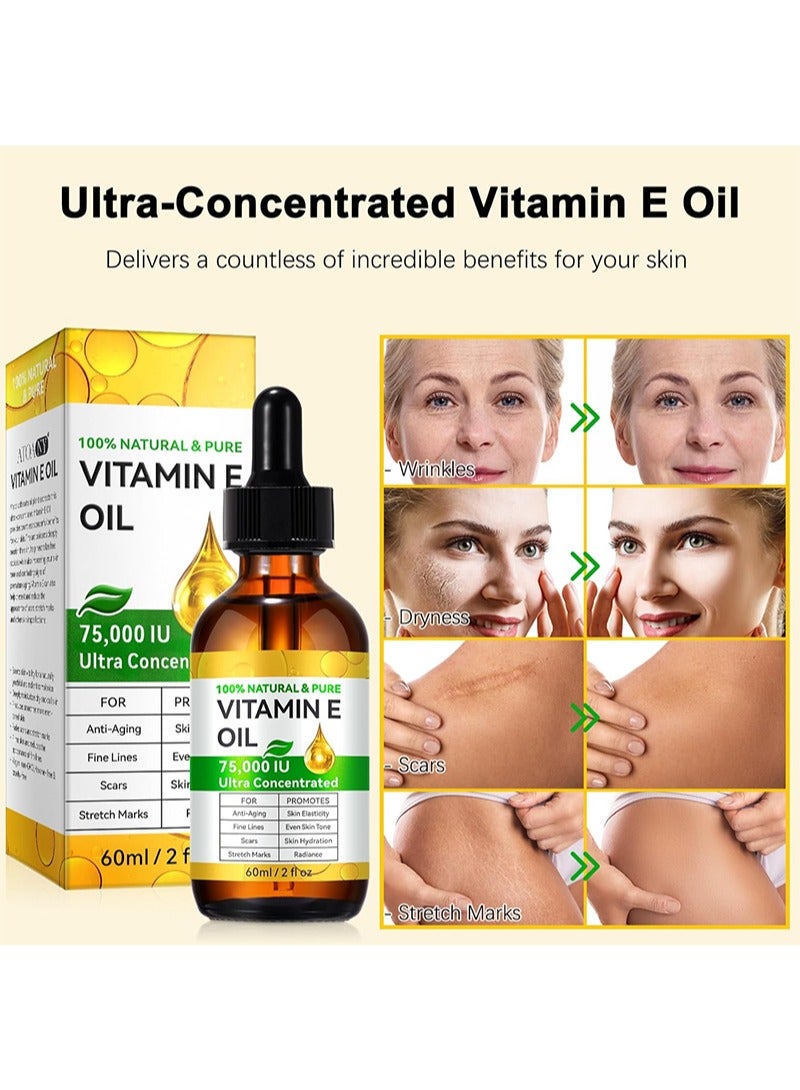 SKIN EVER Organic Vitamin E Oil，100% Pure & Natural Vitamin E Oil Blend 75,000 IU，Vitamin E Oil for Skin Face and Scars, Body Bath Oil Moisturizing Dry Skin and Winkles for Healthy Radiant Skin（60ml） - Image 4