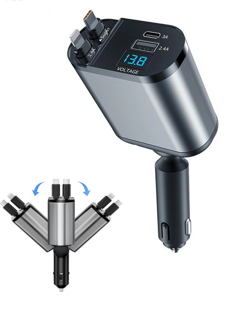 120W Car Charger, 4-In-1 USB Pd Car Charger Type C Fast Charging, Retractable Cable (31.5 Inch) And 2 Usb Ports Car Charger Adapter Type-C & Lightning Cables Compatible With Iphone 16/15/14/13/12 Pro Max Xr, Ipad, Pixel - Image 1