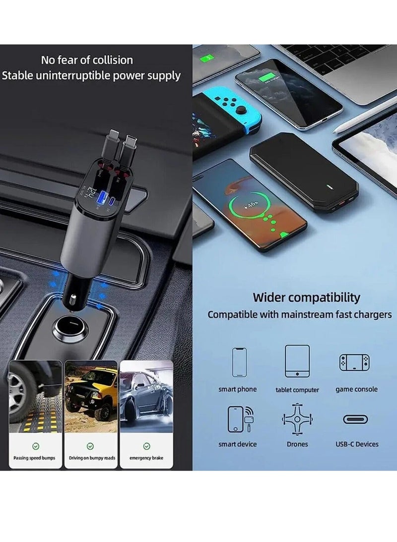 120W Car Charger, 4-In-1 USB Pd Car Charger Type C Fast Charging, Retractable Cable (31.5 Inch) And 2 Usb Ports Car Charger Adapter Type-C & Lightning Cables Compatible With Iphone 16/15/14/13/12 Pro Max Xr, Ipad, Pixel - Image 4